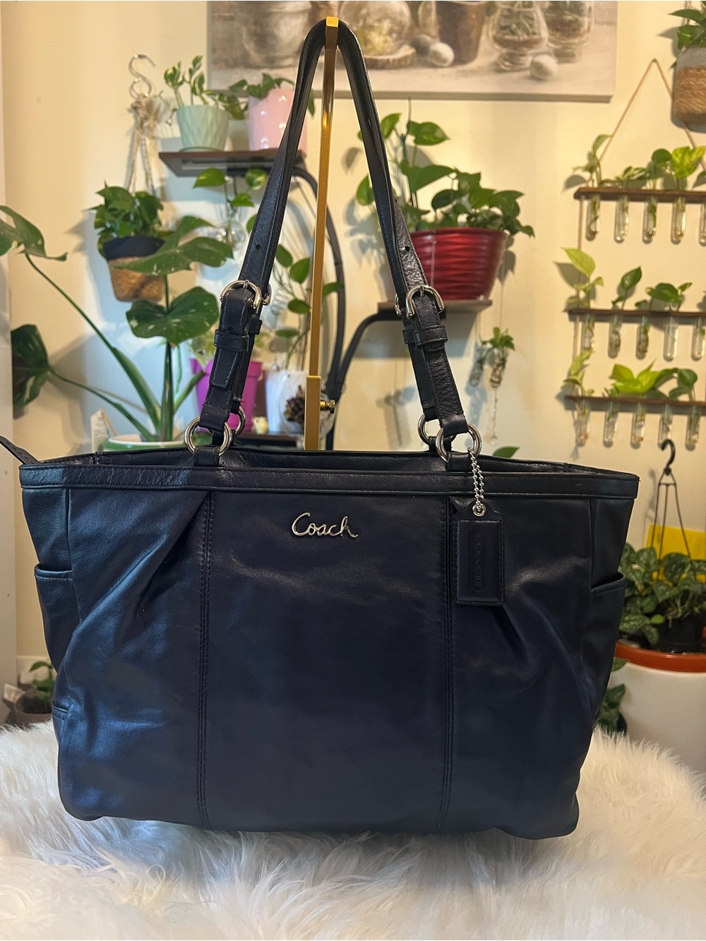 Coach Metallic Navy Leather Tote Bag - Classic Everyday Shoulder Bag